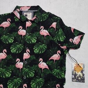 FREE PLANET Flamingo Leaves Hawaiian Tropical Shirt SMALL Black Pink Green NWT